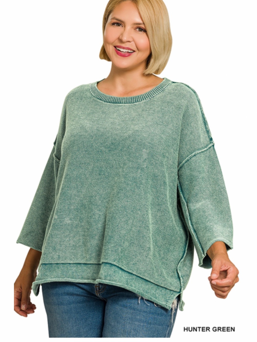 289 Zenana 1X - 3X Hunter green PLUS WASHED 3/4 SLEEVE
BOXY SWEATER